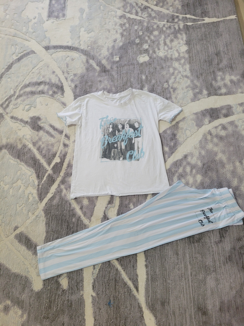 White & Light Blue Striped Women  Pajama Set with Breakfast Club Graphic Size S